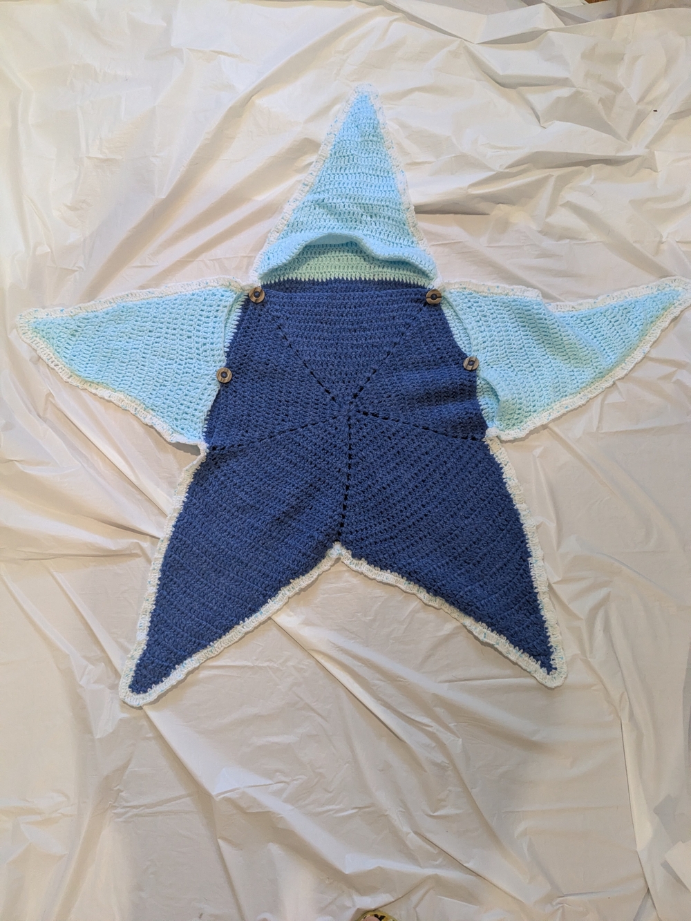 Star-Shaped Cocoon Crochet Baby Swaddle Hoodie in Navy and Light Blue
